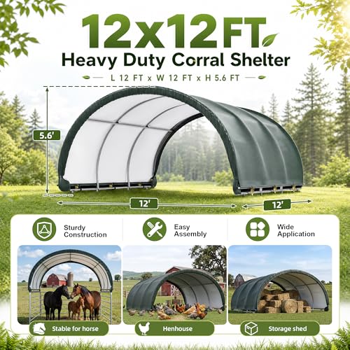 Polar Aurora 12'x12' Corral Shelter, Heavy Duty Round Style Canopy, Waterproof and UV Treated Canvas Cover, Easy Assembly Stable and Agricultural Storage and Shade Shed Kit for Livestock, Green - size: 12x12 FT