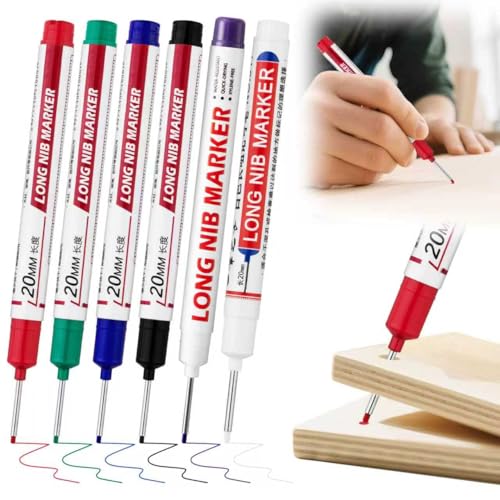6 PCS Long Head Deep Hole Marker Pens,20mm Long Nib Marker, Longs Nose Markers, Waterproof Construction Markers Marking Tool,Permanent Markers Carpenter Ink marker Pens,Metal marking Pens - color: 6PCS-20MM-Red/Blue/Green/Black/White/Purple