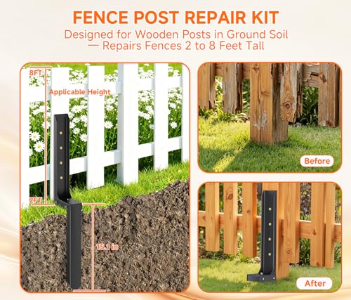 Fence Post Repair Kit, Quick Fix Leaning for 4x4/ 6x6 Wood Posts (1-Pack) | 13-Gauge Thickened Steel, Hot Dip Galvanized, Rustproof, No Dig Drive-in, Heavy Duty Steel Anchor for Yard, Garden