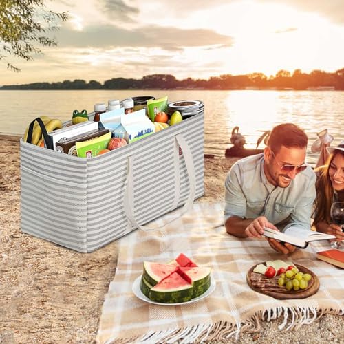 LHZK Standing Extra Large Utility Tote Bag with Metal Wire Frame and the Sides Rinforced, Extra Large Tote Bag with Handle, Reusable Grocery Bags Foldable, Beach Bag, Car Tote (Grey, 26''x15''x13'') - color: Gray, size: 26''x15''x13''-1 Pack