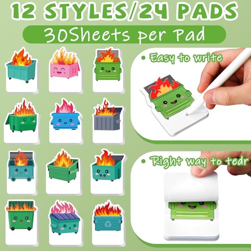 Yinder 24 Pads Fun Sticky Notes Kawaii Dumpster Fire Memo Pad Bulk | Cute Animal Cartoon Designs, Self Adhesive Tabs, Gift for Back to School Veterinary Office, Party Favor Supplies - style: Dumpster