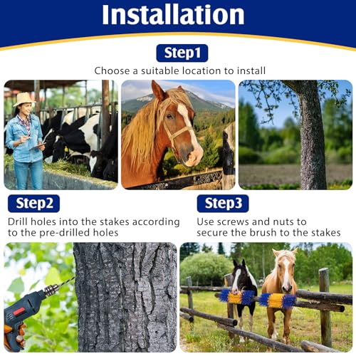 3 Pack Livestock Scratching Brush, Yellow and Blue | Animal Scratcher, Itch Relief Grooming, Horse Goat Cow Scratcher, Fence Post Mounting, Durable Bristles, Farm Livestock Care - color: Yellow and Blue