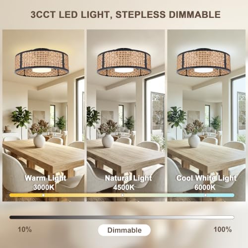 20" Boho Caged Ceiling Fan with LED Light and Remote Flush Mount | Woven Rattan Fandelier Low Profile Small Chandelier for Bedroom Kitchen Living Room 3CCT Dimmable Reversible DC Motor 6 Speed