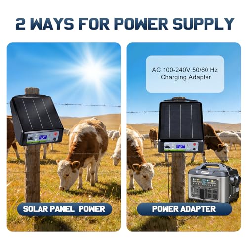20 Miles Solar Electric Fence Charger, Adjustable Output Voltage: 6/8/10/12kV, 2J Solar Powered Electric Fence Charger Supports Battery/Solar/AC Power,Ideal for Livestock/Garden/Yard/Farm Protection
