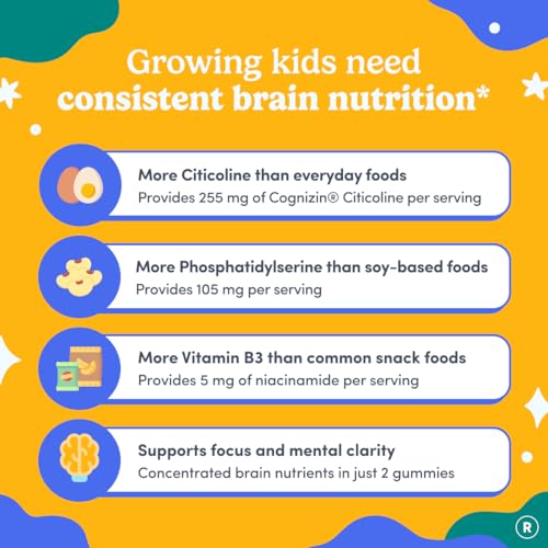 Focus Gummies for Kids with Cognizin® Citicoline, PS & Vitamin B3, 60 Count | Brain gummies for kids with Cognizin® citicoline, phosphatidylserine and vitamin B3 support daily focus, recall and learning.