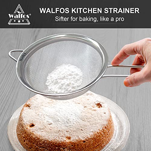 Walfos 7.8 Inch Fine Mesh Strainer, Premium Stainless Steel Colanders and Sifters, with Reinforced Frame and Sturdy Handle, Perfect for Sift, Strain, Drain and Rinse Vegetables, Pastas and Tea - style: 7.8" Large Strainer