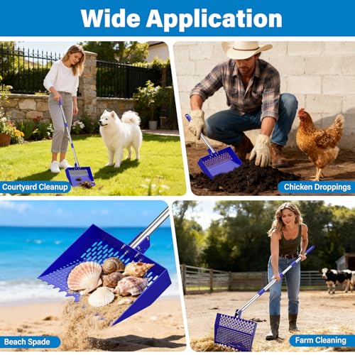 2-in-1 Chicken Poop Scooper & Rake 12-Inch Large Metal Shovel Head Adjustable Stainless Steel Handle (24 to 64") Litter Sifting Shovel Cleaning Tools for Chicken Run, Animal Farm (Blue) - color: Blue