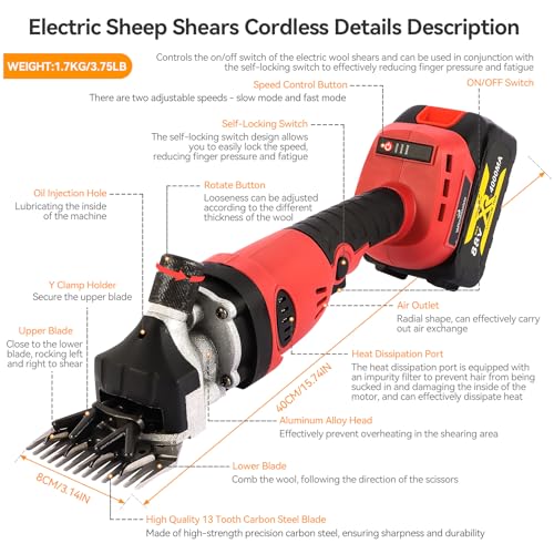 Cordless Electric Professional Sheep Shears,Rechargeable Heavy Duty Animal Grooming Clippers,Electric Shearing Clipper for Sheep,Goat,Cattle&Other Farm Livestock Pet(2*4000mAh Lithium battery)