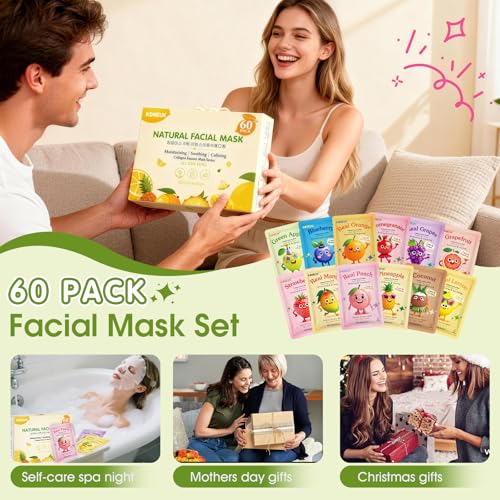 60 Pack Fruit Theme Face Mask for Kids, Bulk Birthday Gifts for Girls | Sheet Hydrating Face Masks Skincare for Teens Women, Skin Care for Kids, Spa Party Supplies