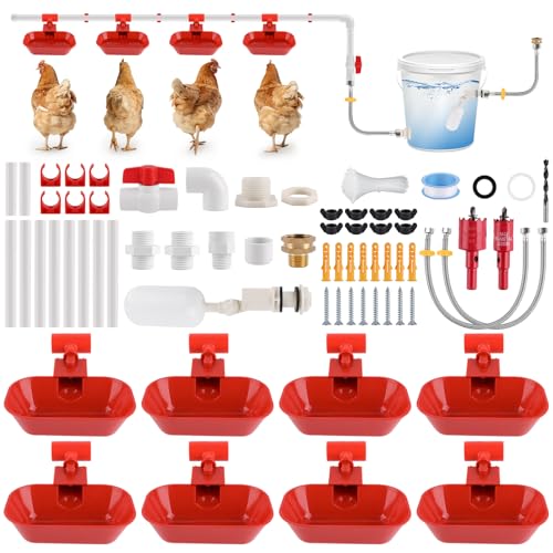 Kalolary Complete Set Automatic Chicken Waterer System | Large Poultry Chicken Water Cups with Stainless Steel PVC Pipeline,Float Valve and Tank Connector Kit,66 Accessories Included