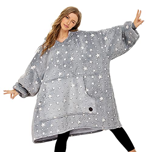 THREE POODLE Wearable Blanket Hoodie for Women, Oversized Sherpa Sweatshirt Blanket for Adults Men, Cozy Hooded Blankets, Glow In the Dark, Gifts for Teen Girls Women Mom Sister - color: Luminous Star, size: Adult