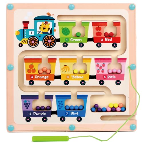 Fruit Train Maze Magnetic Busy Board & Travel Toy for Toddlers Ages 2-4 | Wooden Magnetic maze travel activity for toddlers that builds fine motor skills, focus and screen-free learning on the go. - color: Train Magnetic Maze