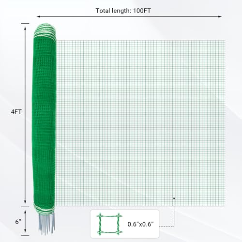 Temporary Fence with Posts 4' x 100' for for Dogs Outdoor Backyard | Plastic Garden Fence Animals Barrier with Fiberglass Stake Windbreak Rope, Portable Outdoor Fence Easy to Use - size: 4' x 100'