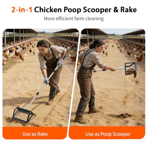 Chicken Poop Scooper,2-in-1 Scoop Shovel&Poop Rake,35-75”Adjustable | Ergonomic Handle Metal Pooper Scooper, Litter Sifting Shovel For Henhouse, Sand, Cattle Shed