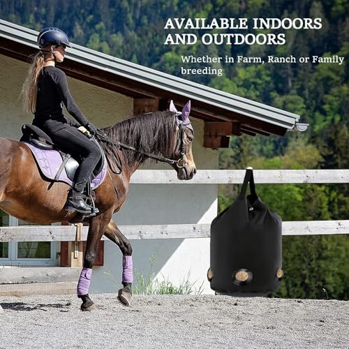 2 Pack Goat Hay Feeder, Slow Feed Hay Bag for Horses, Sheep, Donkey, Cows, Alpacas and Ostriches, Premium Oxford Waterproof Fabric, Circle Leather Reinforced 5 Open Feeding Hole for Resist Biting
