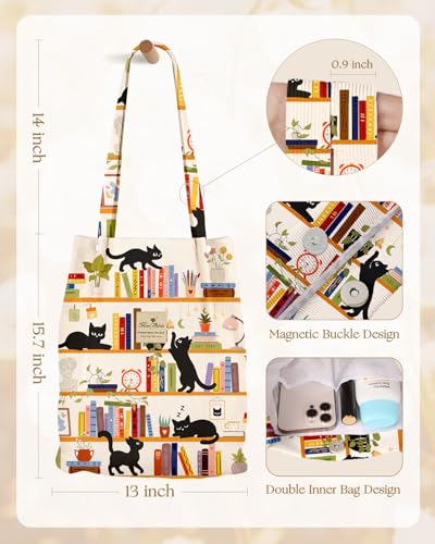 Miss Adola Corduroy Tote Bag for Women with Aesthetic Design | Magnetic Buckle & Pocket, Reusable, Soft, Roomy, Long Shoulder Handles, Double-sided Print, Casual Daily Work, Grocery Bags - color: Wt Bookshelf Black Cat, size: Large