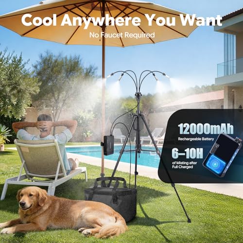 Portable Standing Misting System, 4.8FT Adjustable Tripod Base | 12,000mAh Pump, 20L Bucket, 4 Misting Nozzles, Stand Mister For Backyard, Pool, Beach, Camping, Picnic, RV - size: with Adjustable Stand