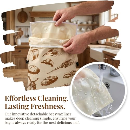 Beeswax Bread Bags for Sourdough Homemade Bread with Removable Lining | 2 Pack, 13x17", Cotton Linen, Natural, Easy Clean, Stay Fresh, Reusable, Home Baking, Holiday Gift, Farmhouse Style