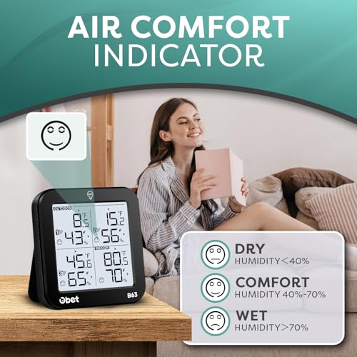 OBET Weather Station Wireless Indoor Outdoor Thermometer Wireless, Digital Temperature and Humidity Monitor with 3 Sensors, Adjustable Backlight, USB Port (500 Feet) - color: Black-Small