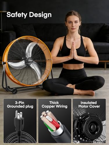 FOHERE 24 Inch High Velocity Industrial Drum Fan, Up to 8,900 CFM | 3-speed control, 360-degree tilt, metal frame, wheels, for garage, warehouse, workshop, gym, barn