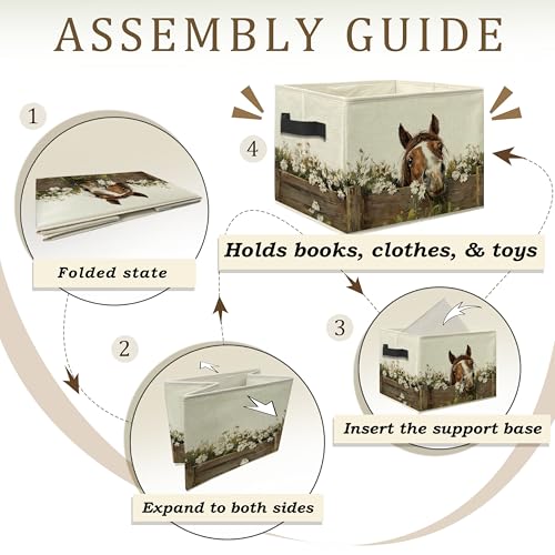 Farmhouse Daisy Horse Storage Bins Box with Handles, Rustic Cottagecore Floral Horse Collapsible Laundry Basket Hamper Clothes Books Organizer for Room Home Bedroom Bathroom - color: style 01