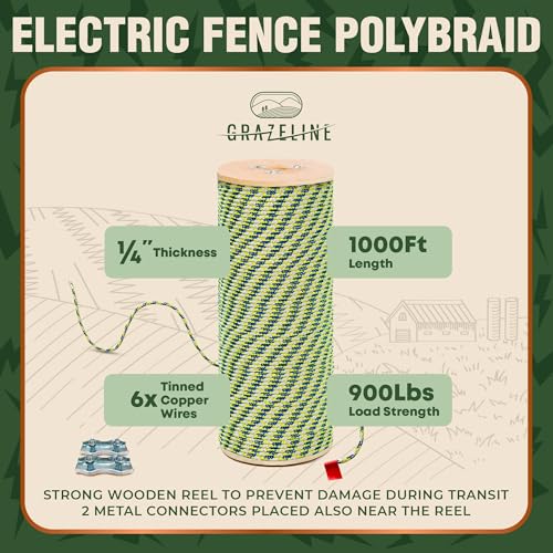 Electric Fence Polybraid 1/4" Rope 1000Ft - 6 Tinned Copper Strands | 900lb Strength Superior Shock Heavy Duty Braided Polyrope - Premium Horse Wire Fencing Highly Visible - UV Rust Resistant - size: 1000 ft