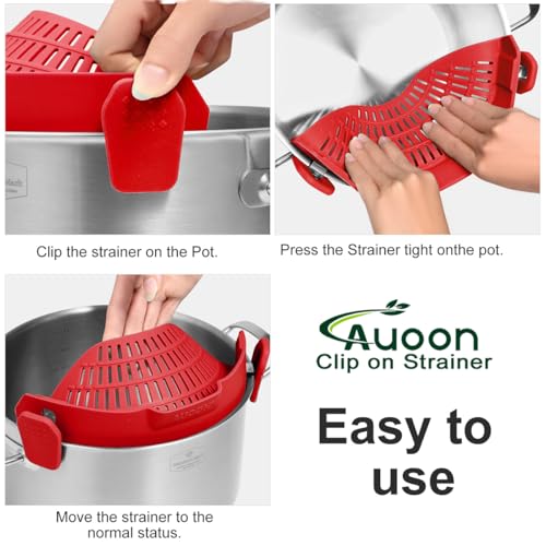 AUOON Pot Strainer Clip on Silicone, Large 10.45 x 4.33 in, Red | Fits Pots Pans Bowls, Dishwasher Safe, for Pasta Noodles Vegetable Fruits, Space-saving Kitchen Gadget - color: Red, size: Large 10.45 x 4.33 in