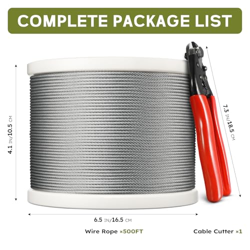500FT 1/8" T316 Stainless Steel Cable for Railing, 7x7 Wire Rope | Marine-Grade T316 SS, High Strength, Flexible for Deck Cable Railing System Kit, DIY Balustrades, Comes with a Cutter - size: 500 ft