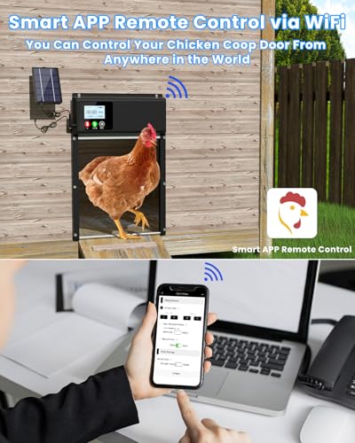 Automatic Chicken Coop Door Solar Powered, WiFi Automatic Chicken Door APP Control, Solar Chicken Coop Door Timer & Light Sensor, Auto Chicken Coop Door Opener LCD Display Aluminum Anti-Pinch Design