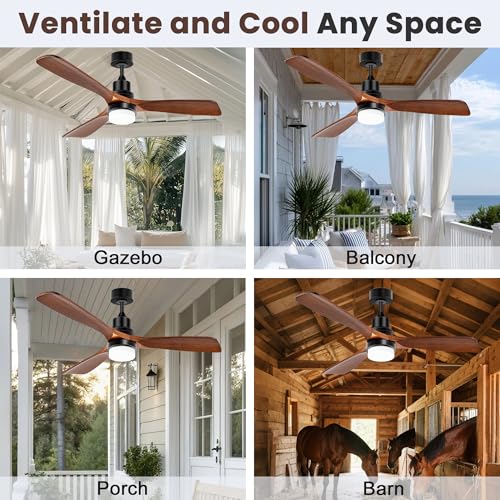 Solar Outdoor Ceiling Fan 52" with Battery and Smart Thermostat | Wood Walnut Fan, 2PCS 30W Bifacial Panels, Built-in Light, 3 Speeds, for Barn, Patio, Stable, Gazebo, Adjustable Temp Control - size: 52 inch