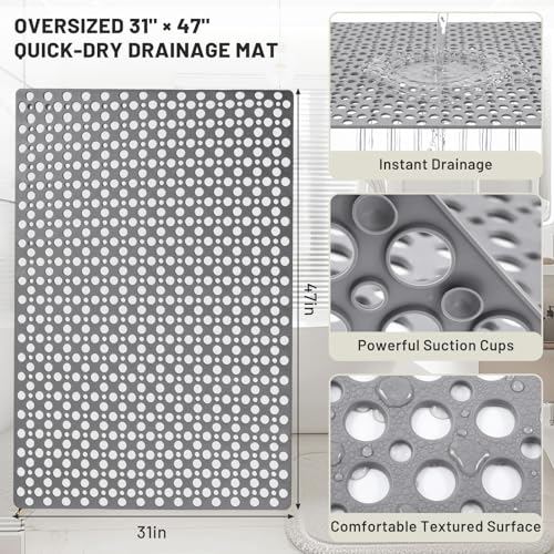 Extra Large Non Slip Shower Mat 47 x 32 in TPE,Grey | Large Square Shower Mat for Inside Shower, Quick Drain Holes, Strong Suction Cups, Textured Surface, Soft TPE