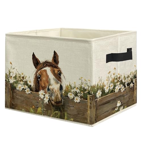 Farmhouse Daisy Horse Storage Bins Box with Handles, Rustic Cottagecore Floral Horse Collapsible Laundry Basket Hamper Clothes Books Organizer for Room Home Bedroom Bathroom - color: style 01