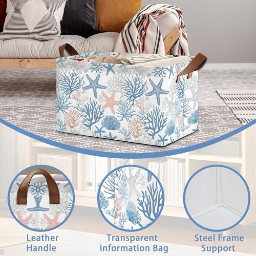 Starfish Coral Storage Basket with Handles,Shell Collapsible Rectangle Organizer Bin for Room Decoration Books Box Baskets 17x11.5x10Inch - color: Starfish Coral Shell