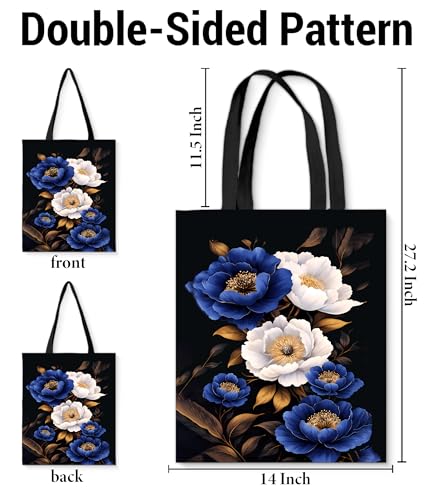 Aesthetic Floral Canvas Tote Bag - Reusable Shoulder Tote Bag for Women Lady Casual Vacation, Shopping, Work, Gym - color: Dark Floral_01