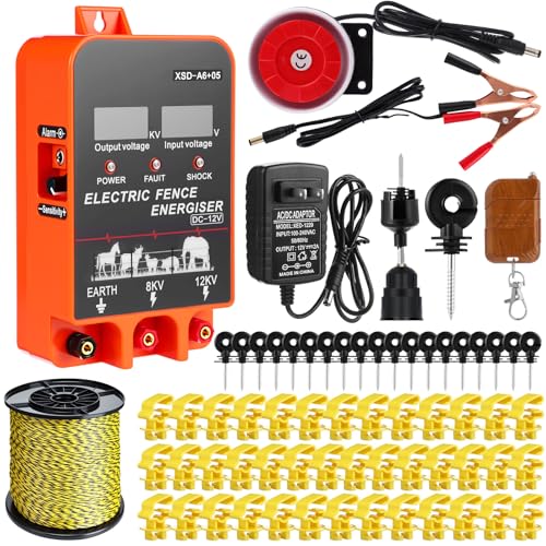 5.5J Electric Fence Charger with Display and Alarm, AC/DC Dual Power, 12V Input 8KV/12KV Output, 3366 ft Polywire, 40 T Post Insulator, 20 Screw-in Insulator for Cattle Cow Livestock Farm