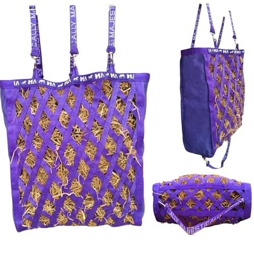Majestic Ally Double Side Open Slow Feeder Hay Bag - Diamond Shaped Obliquely Placed Webbing (Purple) - color: Purple