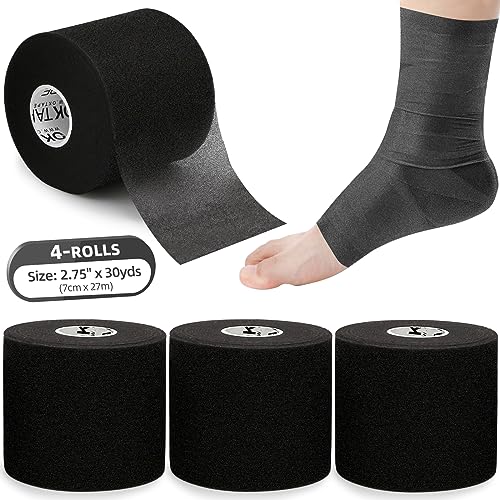OK TAPE Pre Wrap Tape 4-Rolls 120 Yds Athletic Foam Underwrap for Sports | Soft, Breathable, Skin-friendly and Latex-free, Protect for Ankles Wrists Hands and Knees, 2.75 Inches - Black - color: Black, size: 2.75 Inch x 30 Yards