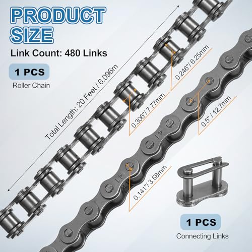 DTGN ANSI#41/ISO 085-1 Roller Chain 20Feet 12.7mm Pitch, Manganese Steel Operator Chains with 1 Connecting Links Pitch for Sliding Gate Mini Bikes Scooters Bike, 480 Links - size: 20Feet Chains with 1 Connecting Links