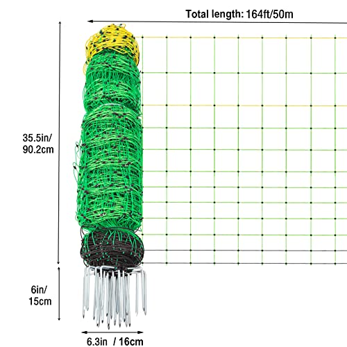 TMEE Electric Goat Sheep Fencing Livestock Netting Fence with 14 Posts, Double Spiked, Portable Mesh for Lambs, Deer, Hogs, Dogs, 35.5" H x 164' L, Green - size: 35.5" H