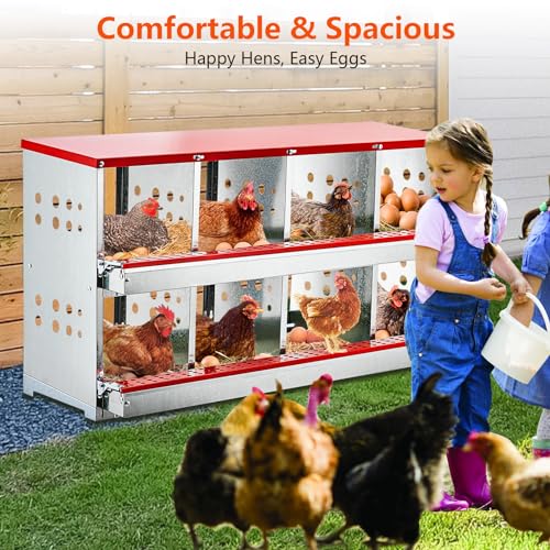 Garvee Nesting Boxes for Chickens, 8 Compartment Roll Out Away Chicken Nesting Boxes for Laying Eggs, Nesting Gift Boxes for Hens Duck Poultry, Metal Heavy Duty Chicken Coop with Perch