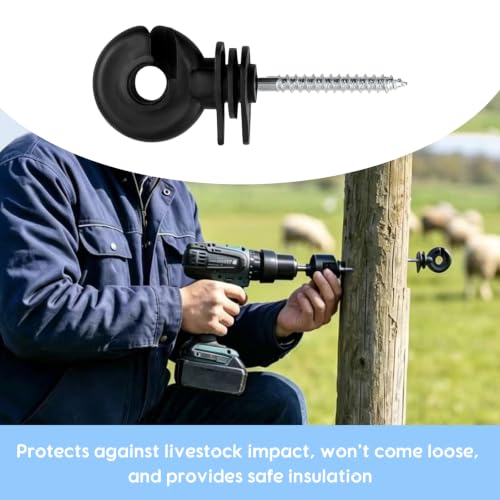 100Pack Black Electric Fence Ring-Head Insulators Self-Tapping Screws | Premium PP+PE anti-deform material, rustproof galvanized screws, easy drill install,universal for farm livestock fence