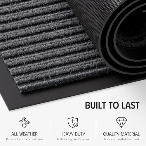 Front Door Mat, 3' x 5' Heavy Duty Door Mat Outside Entrance, Non-Slip Welcome Mat, Absorbent & Dirt Resistant, Low Profile Large Door Mats, Commercial Rugs for Entryway Indoor Outdoor, Grey - color: Grey Striped, size: 3' x 5'