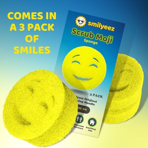 The Original Scrub Moji Scrubbing Sponge by Smilyeez (Set of 3) - Yellow - Temperature-Responsive Polymer Foam, Stain and Odor Resistant, Ideal for Kitchen and Bathroom Cleaning - color: Yellow