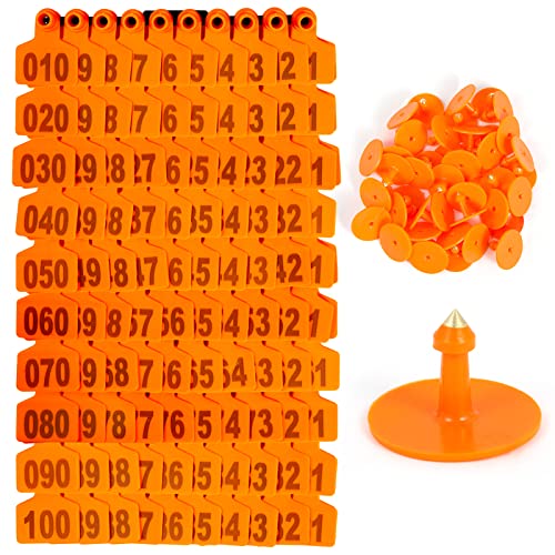 100PCS 001-100 Number Plastic Livestock Ear Tags for Farm Animals - ID Tags in Yellow, Green, Blue, Orange - Tagger for Cow, Cattle, Sheep, Goats, Pigs, Hogs (Orange) - color: Orange