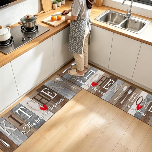 Kitchen Rugs Set 3 Piece, Non Slip Kitchen Mats for Floor, Soft Fabric with Rubber Backing, Farmhouse Anti Fatigue Runners Carpet for Home Kitchen Laundry Room Hallway (Rustic Brown & Grey) - color: Rustic Brown & Grey