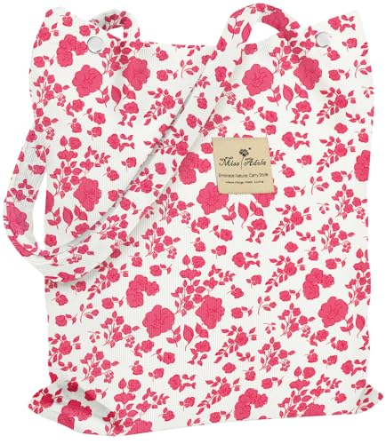 Miss Adola Corduroy Tote Bag for Women with Aesthetic Design | Magnetic Buckle & Pocket, Reusable, Soft, Roomy, Long Shoulder Handles, Double-sided Print, Casual Daily Work, Grocery Bags - color: Pk Fresh Flower, size: Large