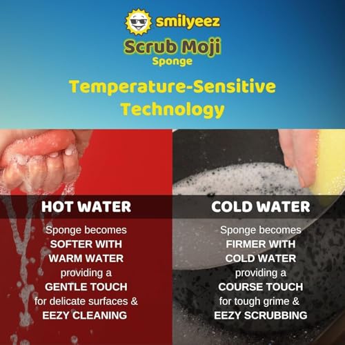 The Original Scrub Moji Scrubbing Sponge by Smilyeez (Set of 3) - Blue - Temperature-Responsive Polymer Foam, Stain and Odor Resistant, Ideal for Kitchen and Bathroom Cleaning - color: Blue