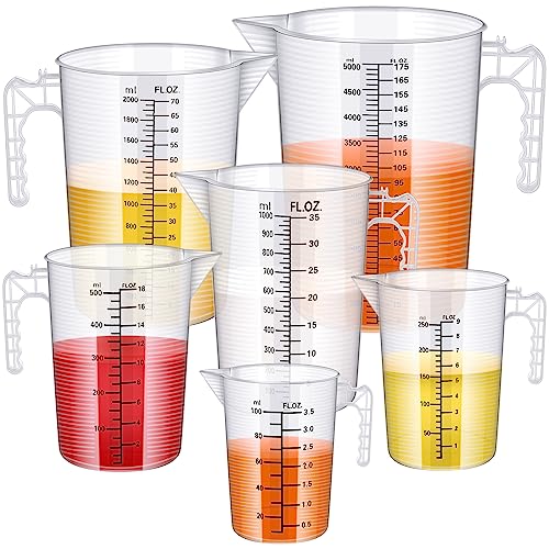 Xuhal 6 Pieces Plastic Measuring Pitcher Measurment Cup 6 Sizes Mixing Pitcher Gauge Bottle Measure Containers Jug with Handle and Spout for Water, Flour, Rice, Coffee, Wine, Milk, Sugar