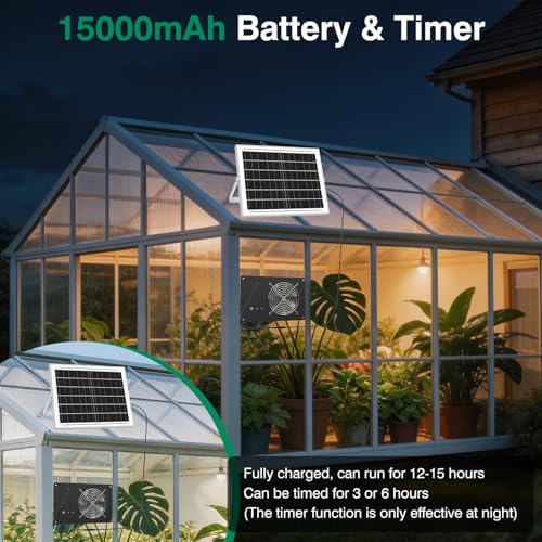 Solar Fan with Battery & Timer for Chicken Coop, Greenhouse & Shed | 25W 3500RPM High-Speed Solar Exhaust Fan, Low Noise Waterproof Solar Powered Fan for Outdoor - size: 11 inches