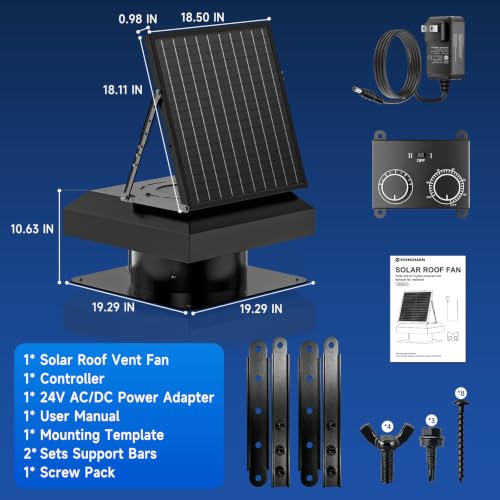 HONGUAN 40W Solar Attic Fan, 2000 CFM Solar Roof Exhaust Fan with AC Adapter, Smart MPPT Controller, Energy Saving & Performance Mode, IP65 Waterproof Roof Vent Fan for Attic, Garage, Shed, 2500 Sq.ft